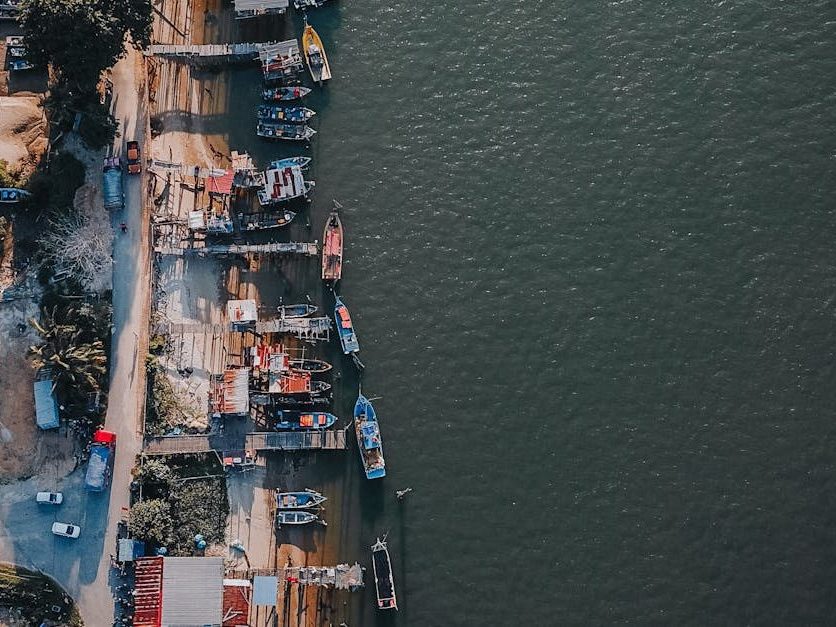 Aerial view of docked boats along the Chukai waterfront in Terengganu, Malaysia.